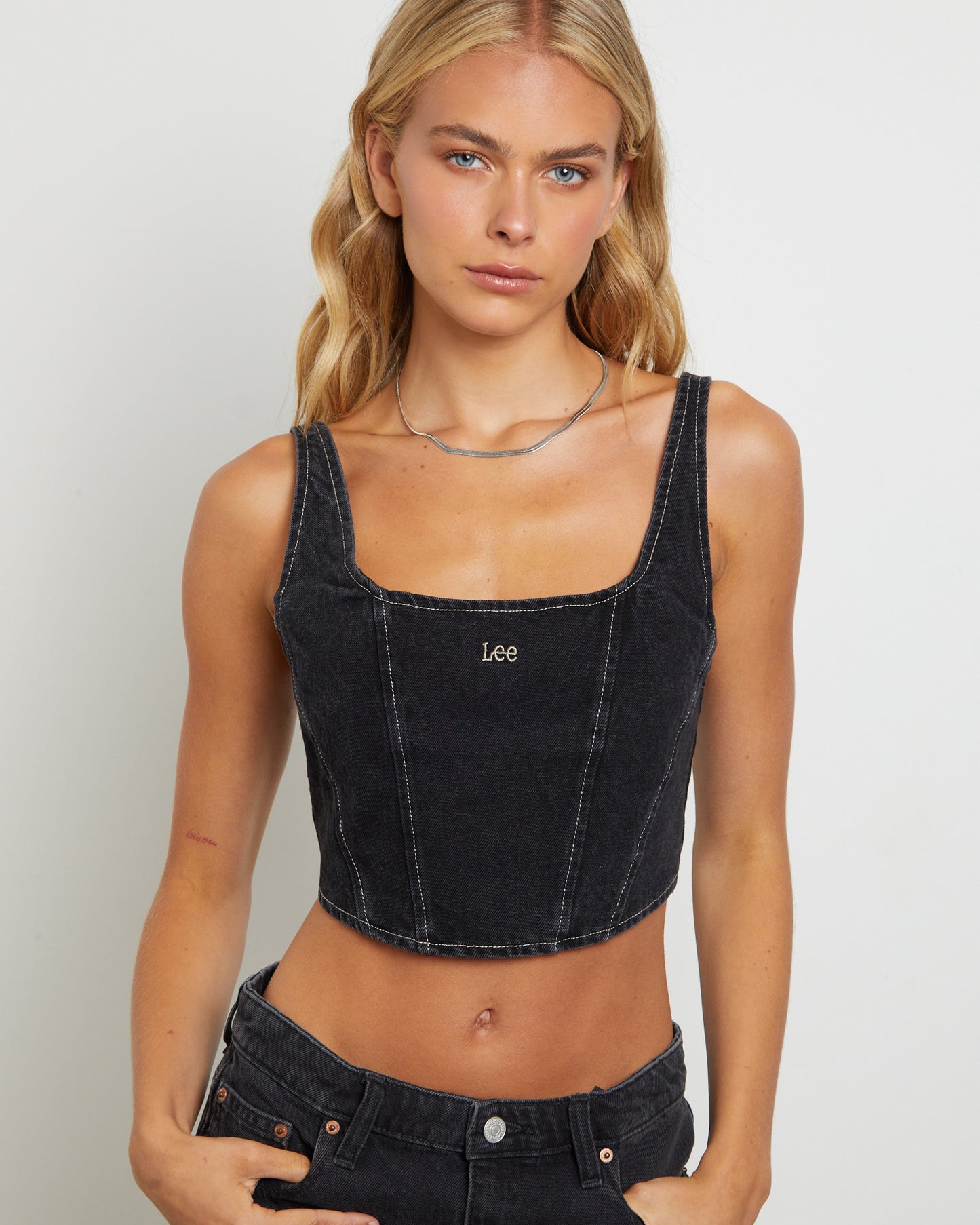 Monique Denim Corset in Hollaback Black