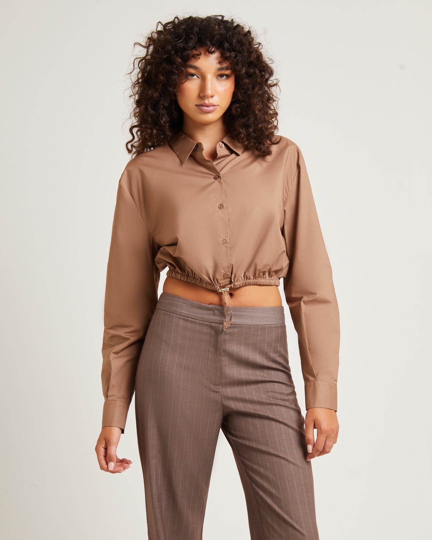 Lucy Drawstring Poplin Long Sleeve Shirt in Chocolate