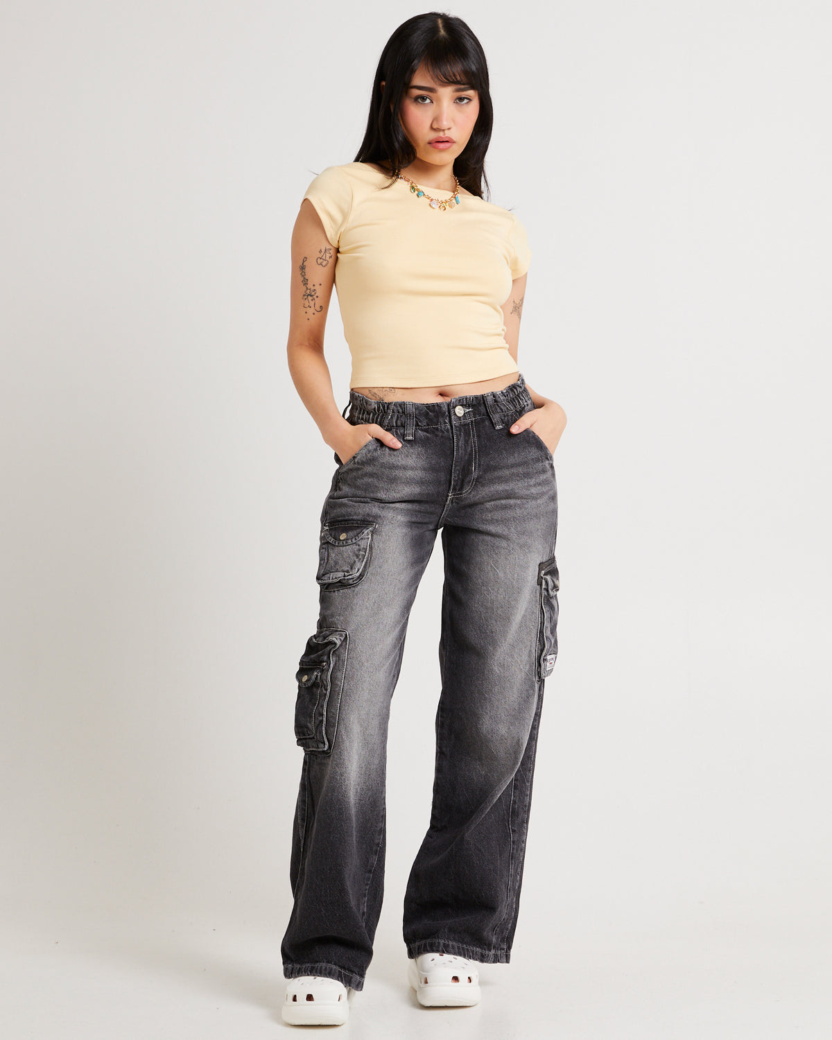 Y2K Low Rise Cargo Jeans WASHED BLACK