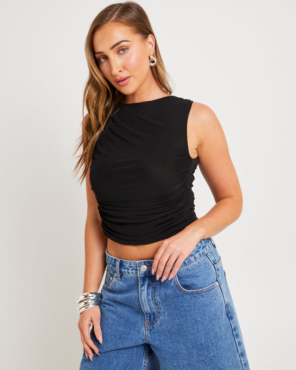 Mesh Ruched Tank Top BLACK
