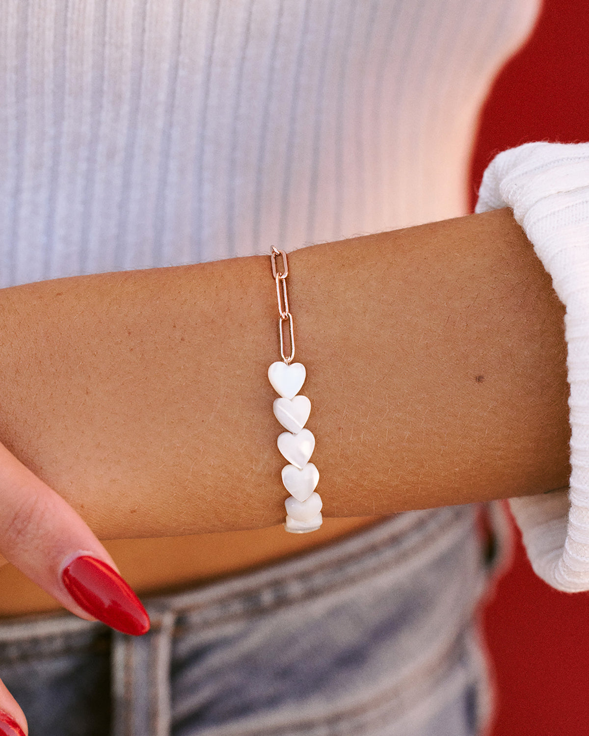 Pearl Heart Paperclip Chain Bracelet ROSE GOLD