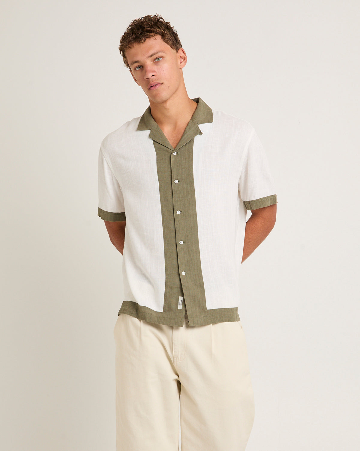 Border Linen Short Sleeve Resort Shirt NATURAL/GREEN