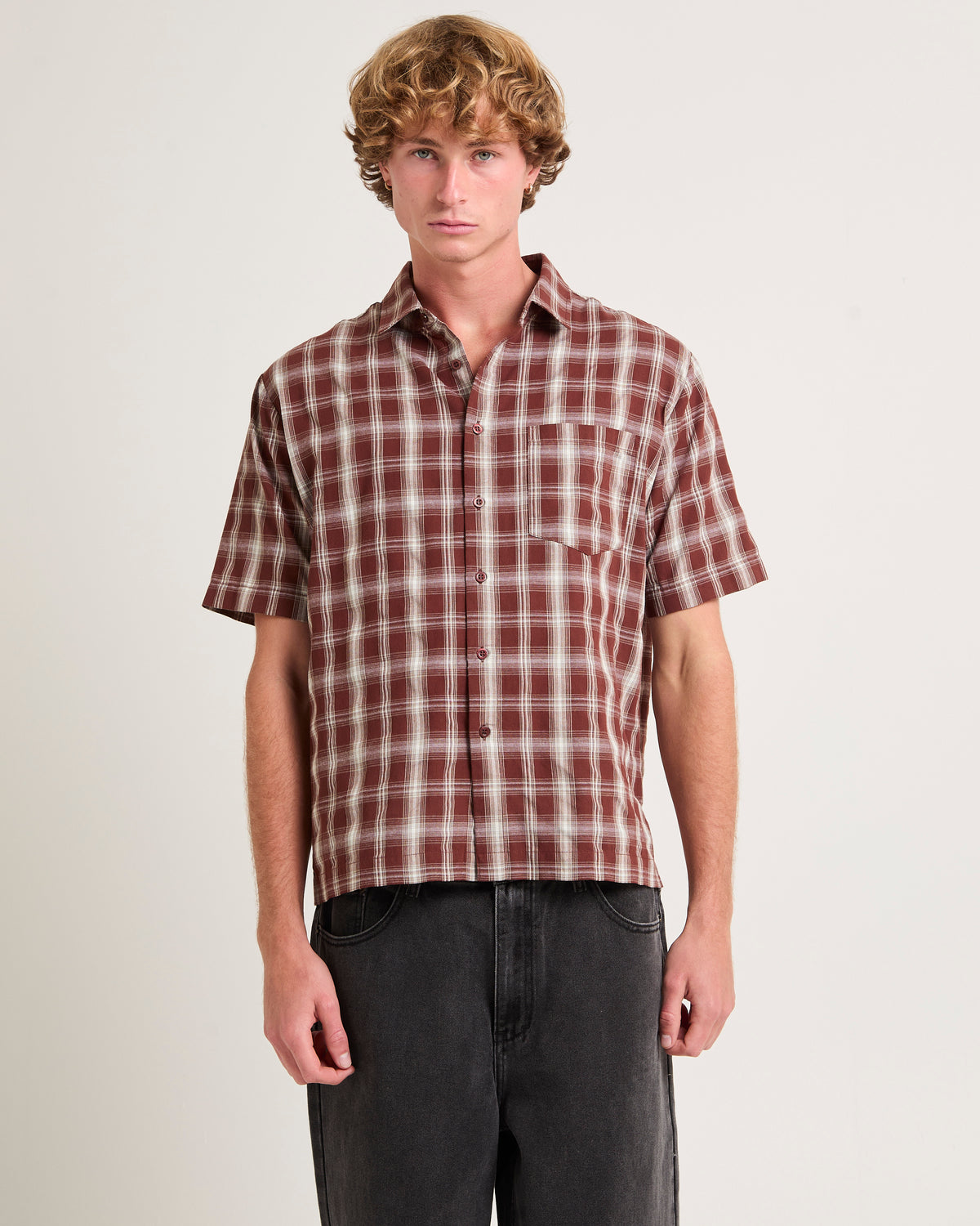 Figment Box Short Sleeve Check Shirt BROWN