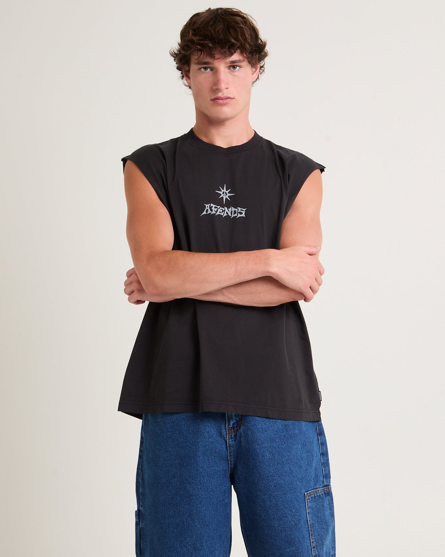 Peace Out Sleevless T-Shirt in Stone Black