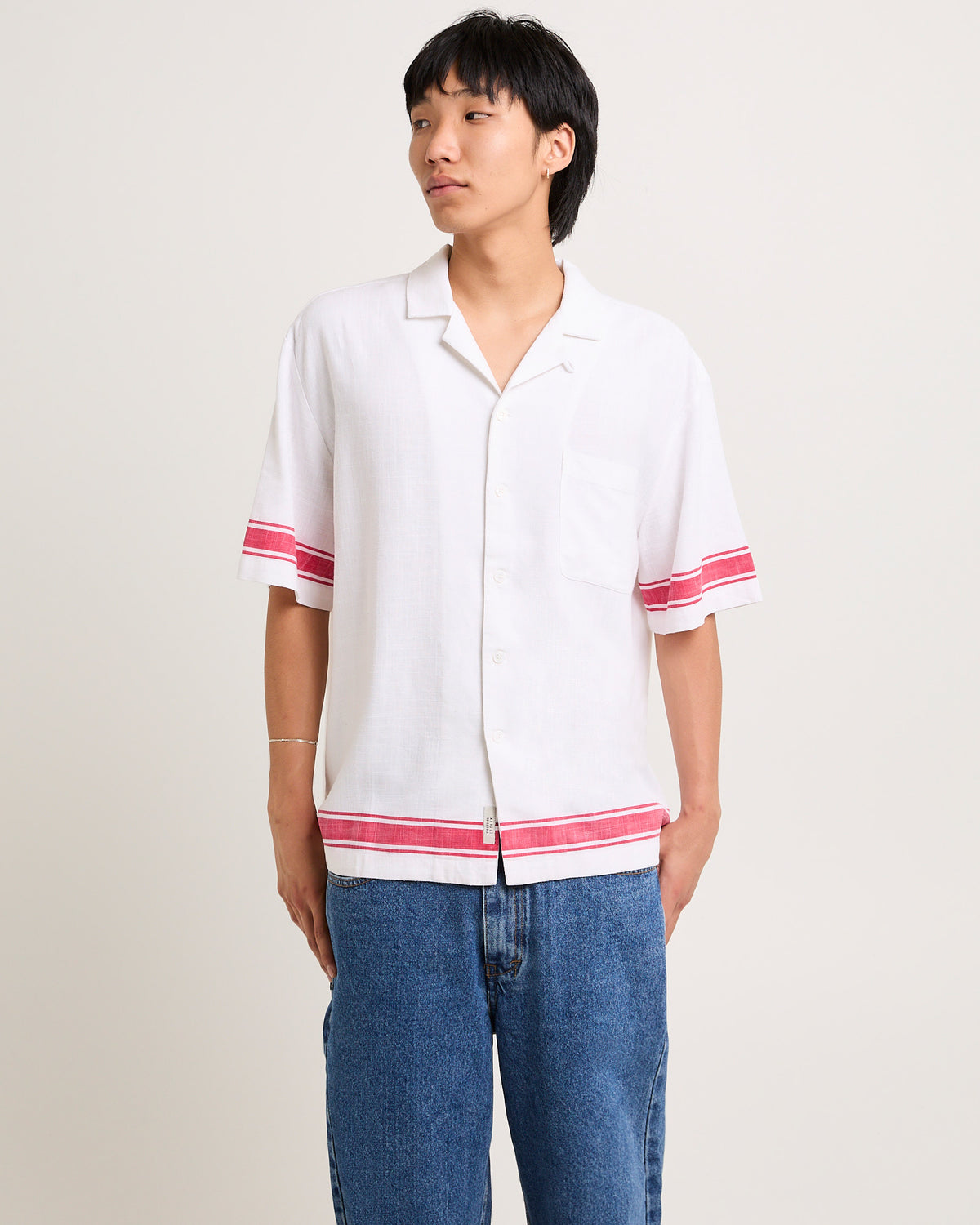 Border Linen Short Sleeve Resort Shirt WHITE