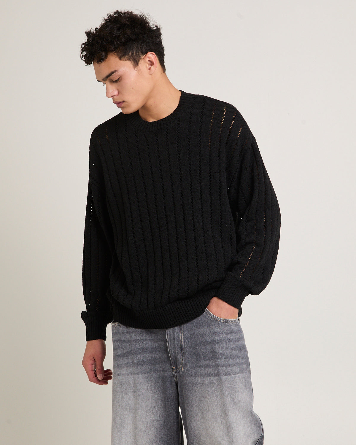 Manual Knit Crew Jumper BLACK