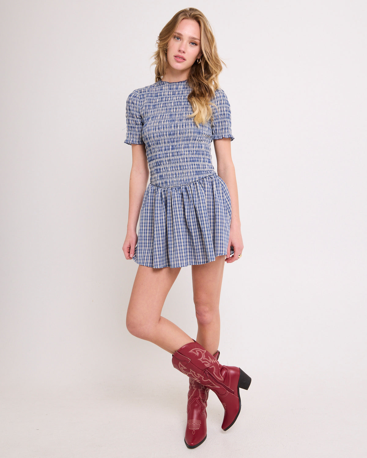 Bonnie Shirred Bubble Mini Dress BLUE