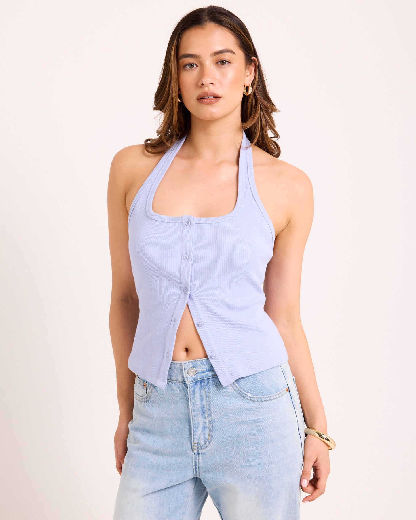 Saga Rib Button Halter Tank