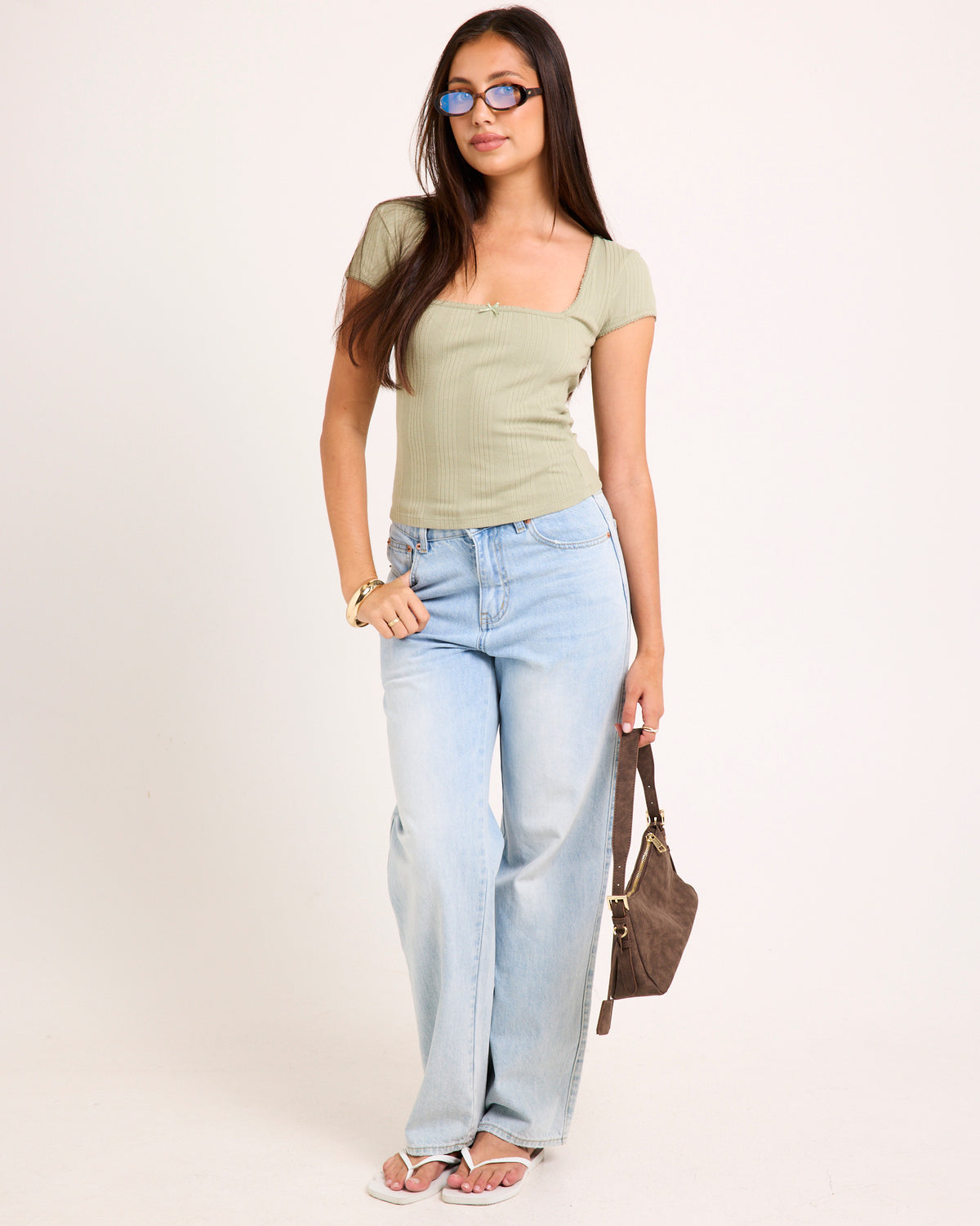 BDG Olivia Picot Square Neck Top SAGE