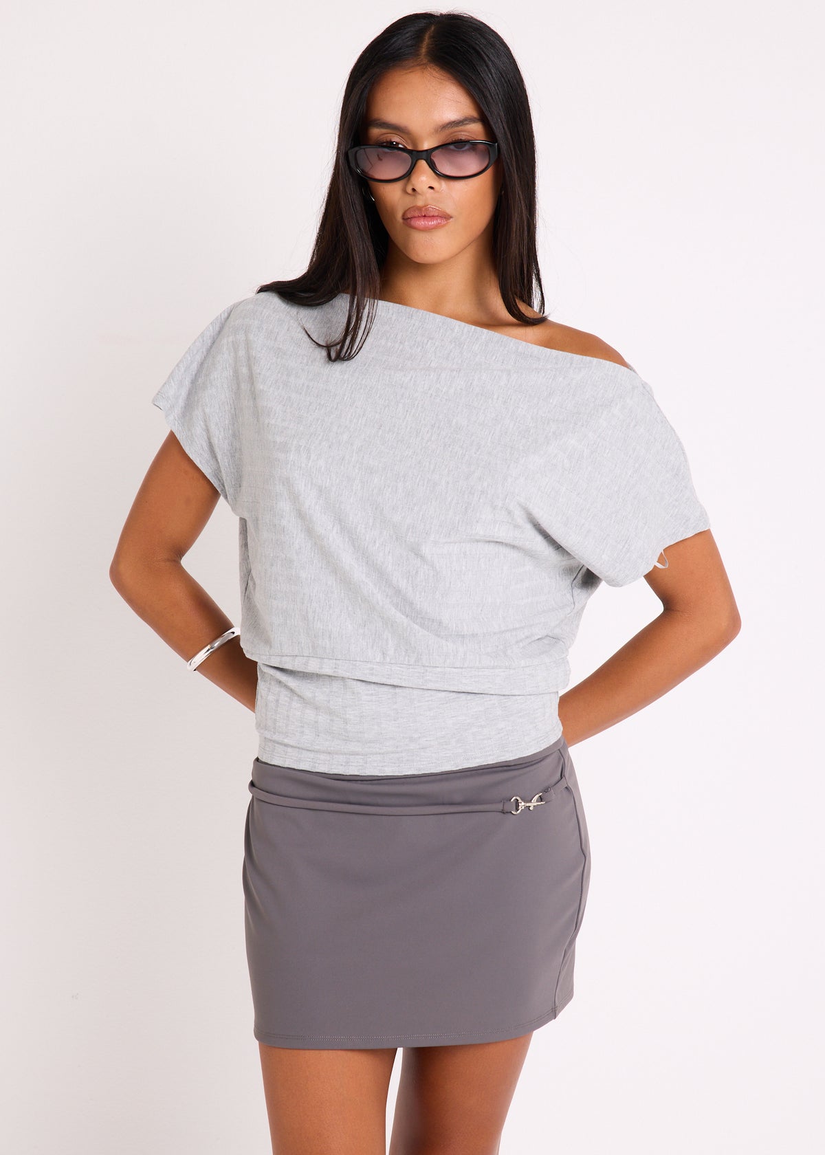 Pip Rib Off Shoulder Top GREY