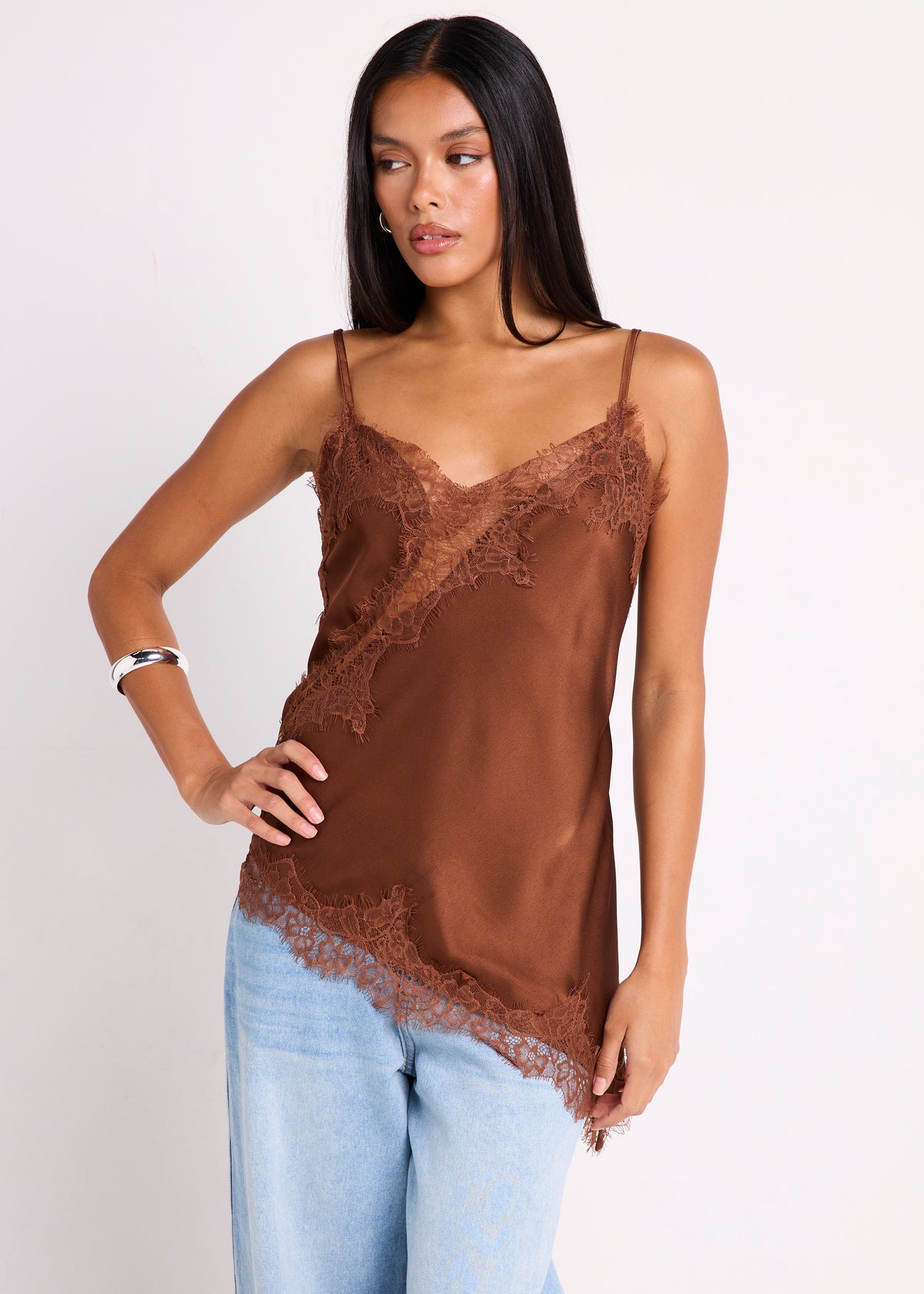 Hollie Asym Hem Lace Satin Cami CHOCOLATE