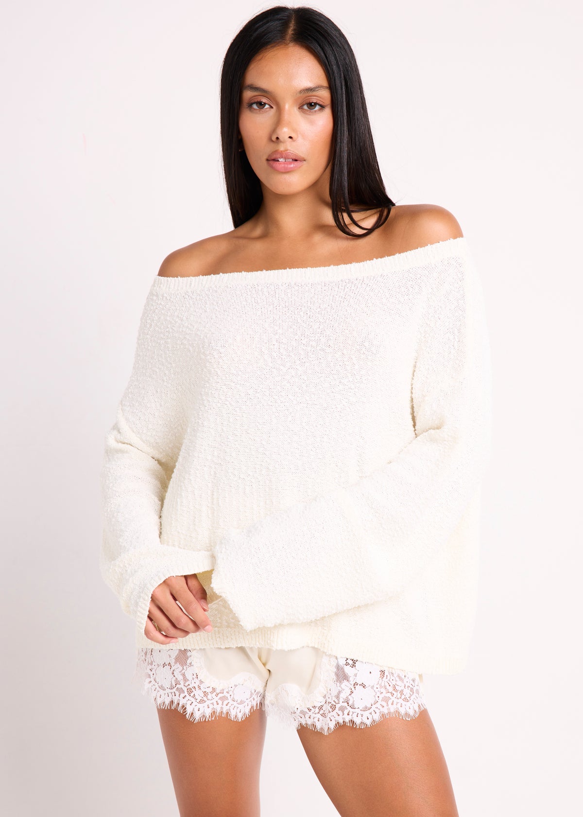 Sully Boucle Off Shoulder Knit Top WHITE