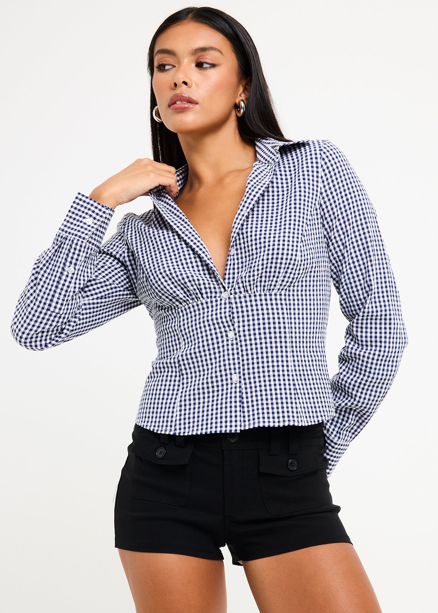 Isha Check Button Down Long Sleeve  Shirt