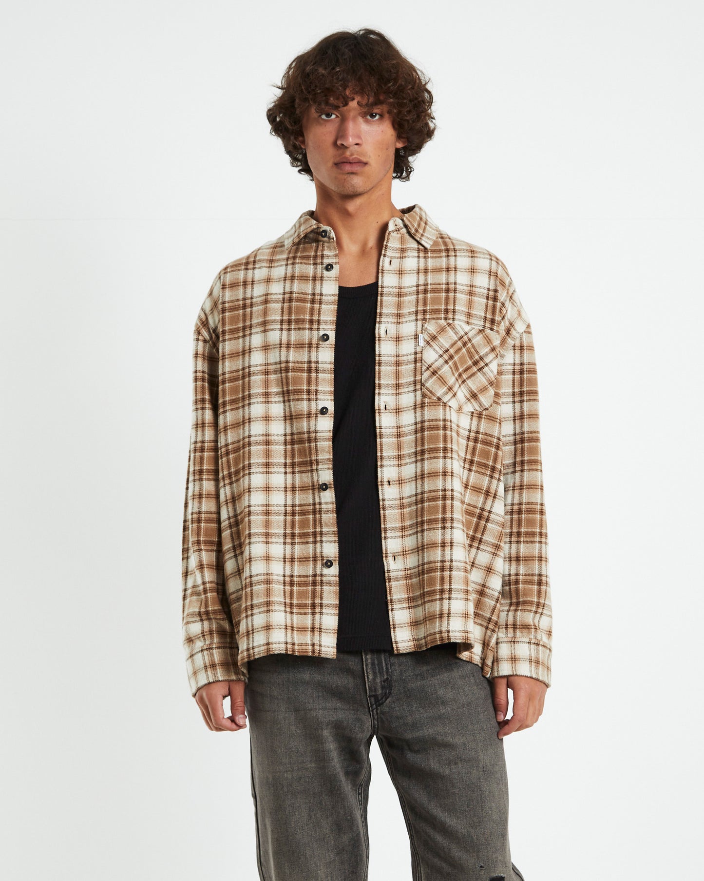 Portland Long Sleeve Flanno Shirt Tan/Ecru
