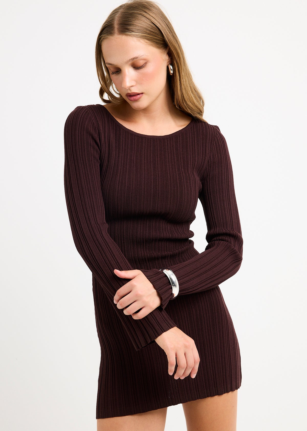 Tahlia Long Sleeve Knit Dress BROWN