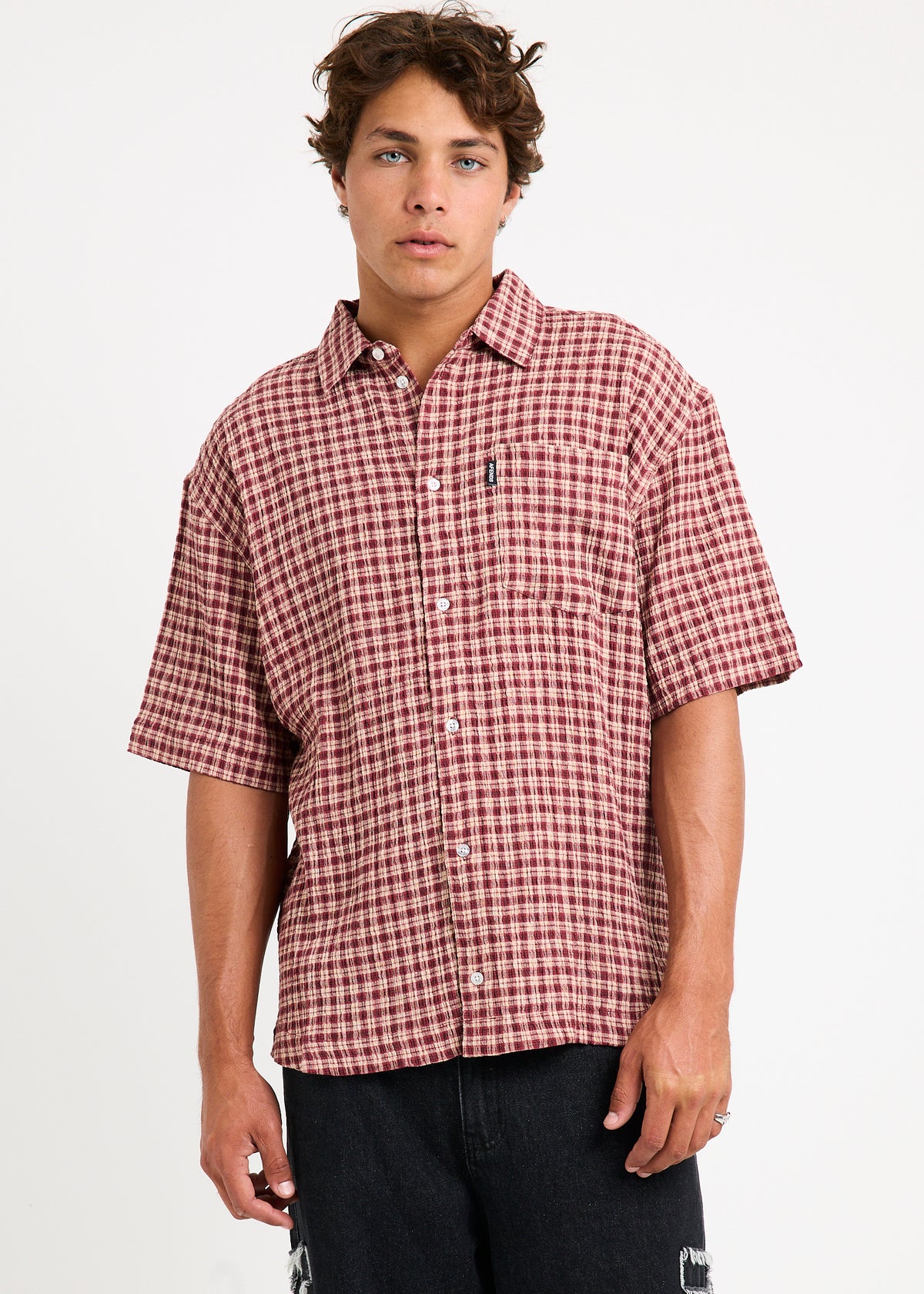 Capricorn Seersucker Short Sleeve Shirt BURGUNDY / BEIGE CHECK