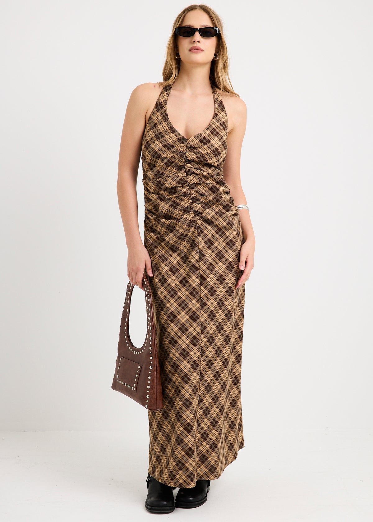 Kiera Ruched Check Halter Maxi Dress BROWN