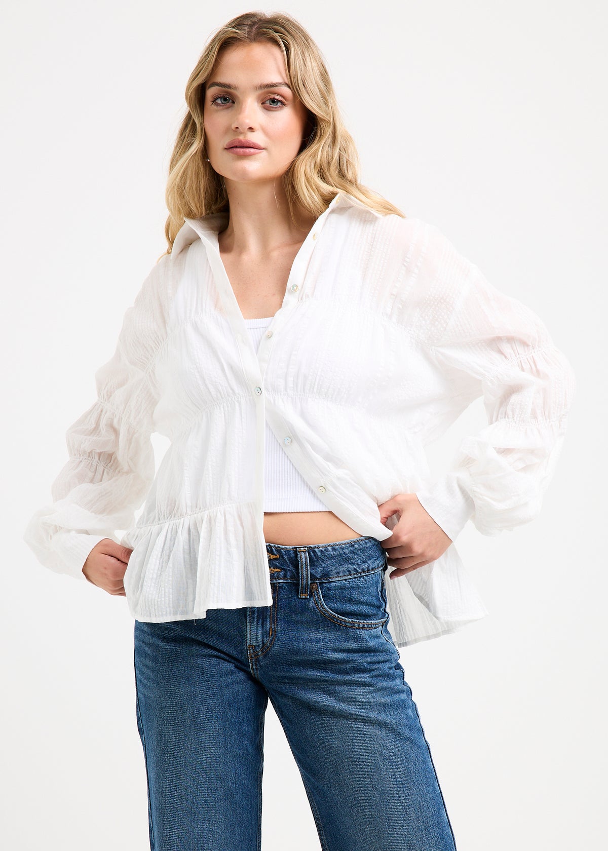 Chicago Shirred Long Sleeve Shirt WHITE
