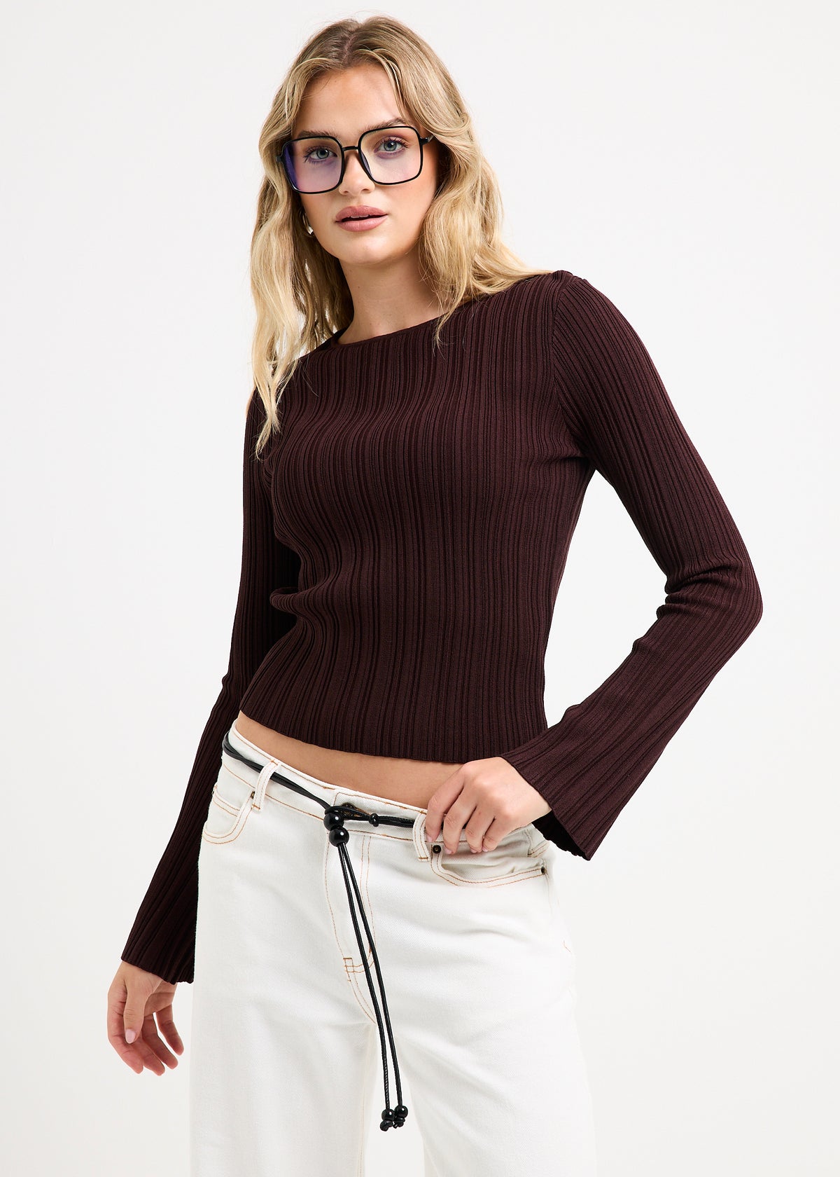 Holland Boat Neck Long Sleeve Knit Top CHOCOLATE