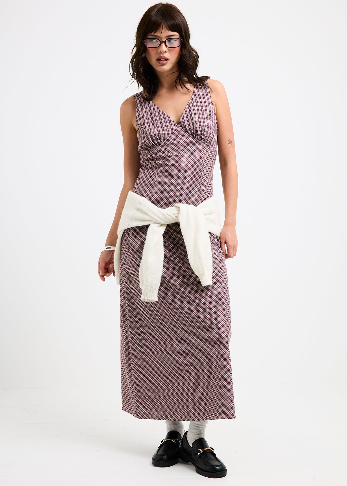 Kaia V Neck Midi Dress CHECKERED WINE