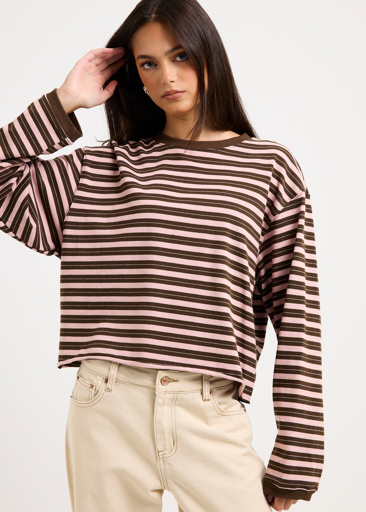 Long Sleeve Stripe Top CHOC/PINK