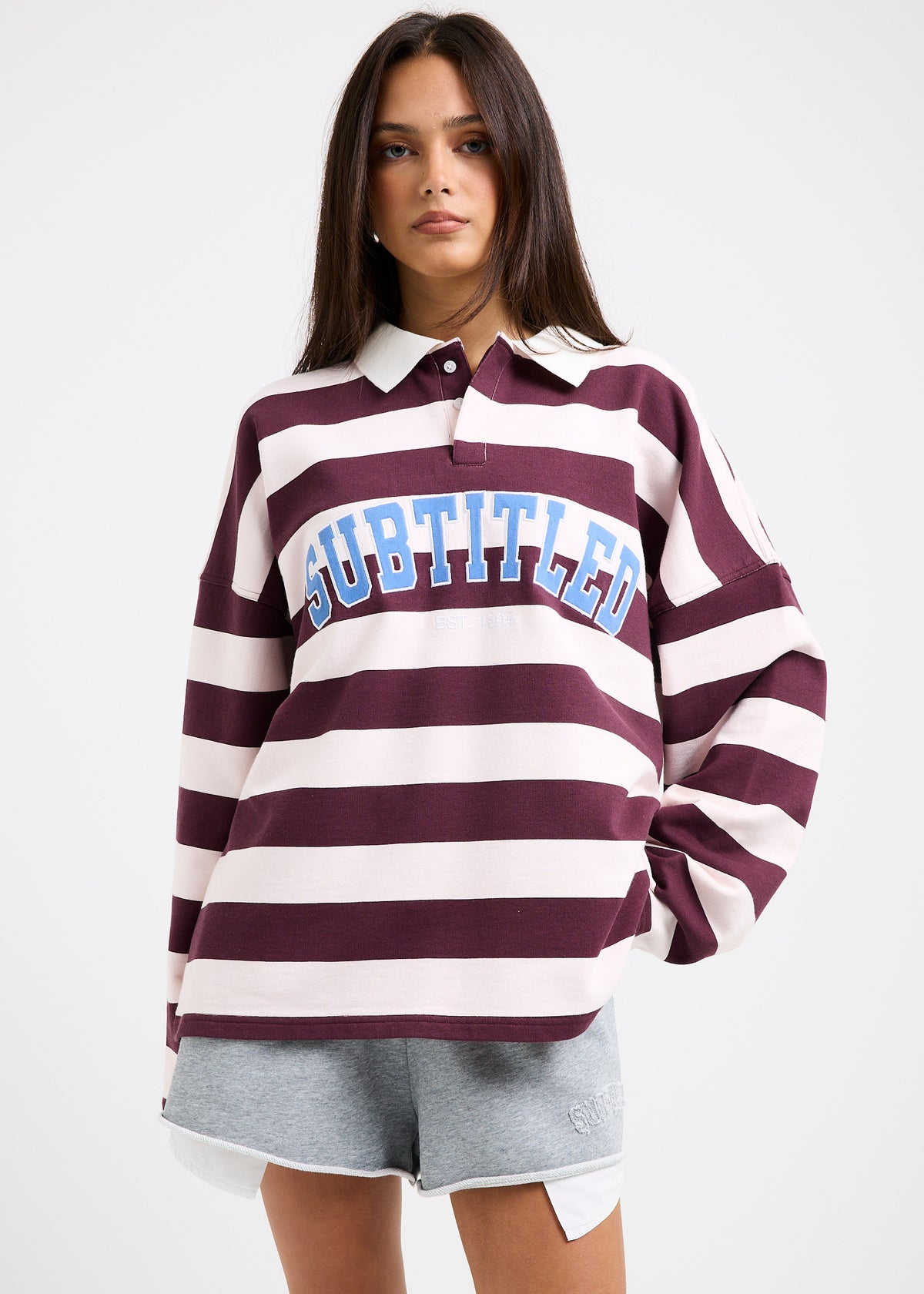 Portland Striped Polo Sweat Shirt GREY MARLE/EGGPLANT
