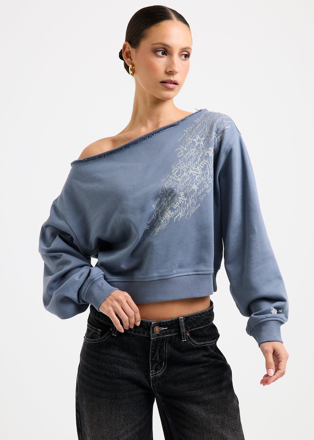 Cisco Scripted Off Shoulder Top BLUE