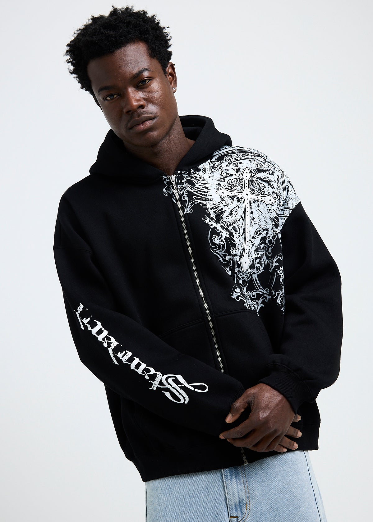 Crucifix Zip Hoodie BLACK