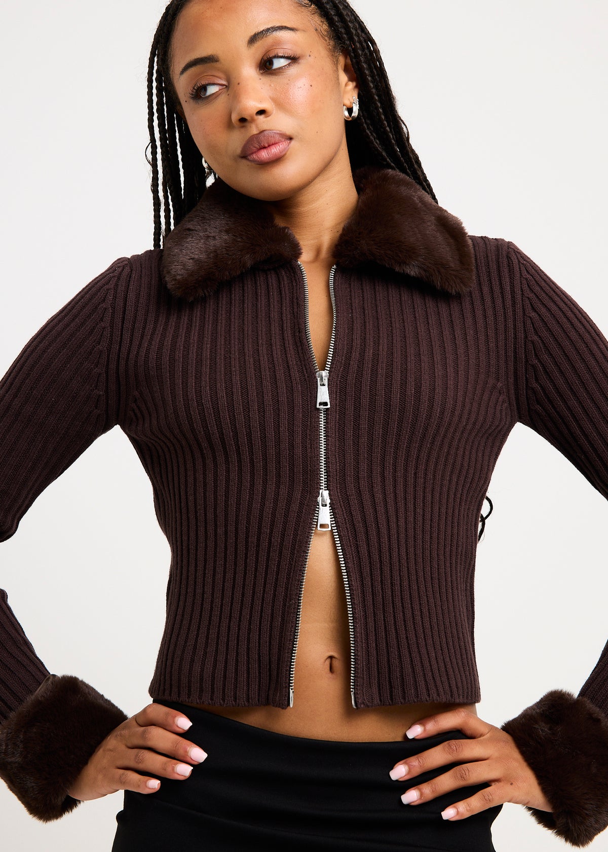 Marguerite Fur Trim Knit Cardi COCOA