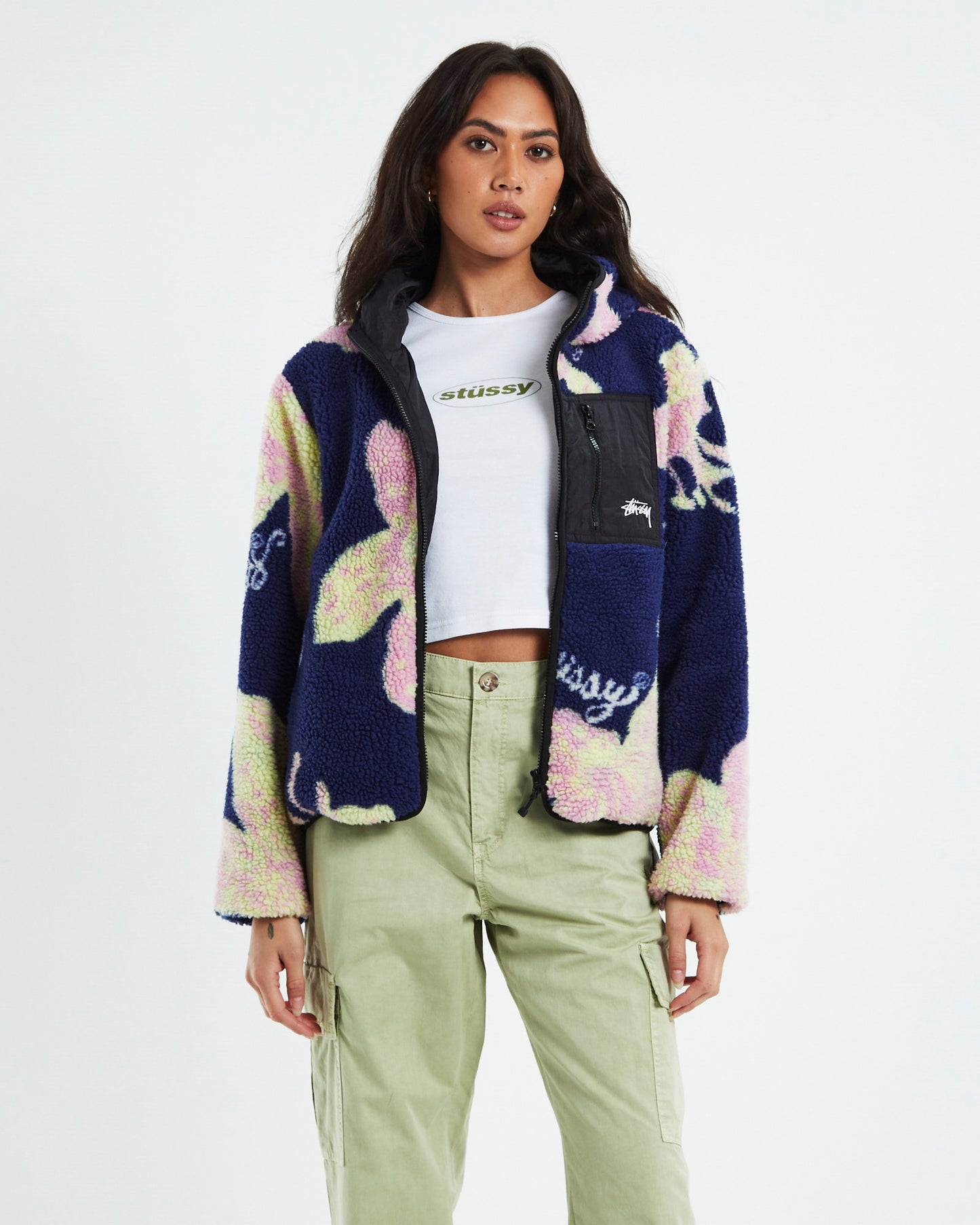 Stock Sherpa Hoodie Jacket Floral Navy