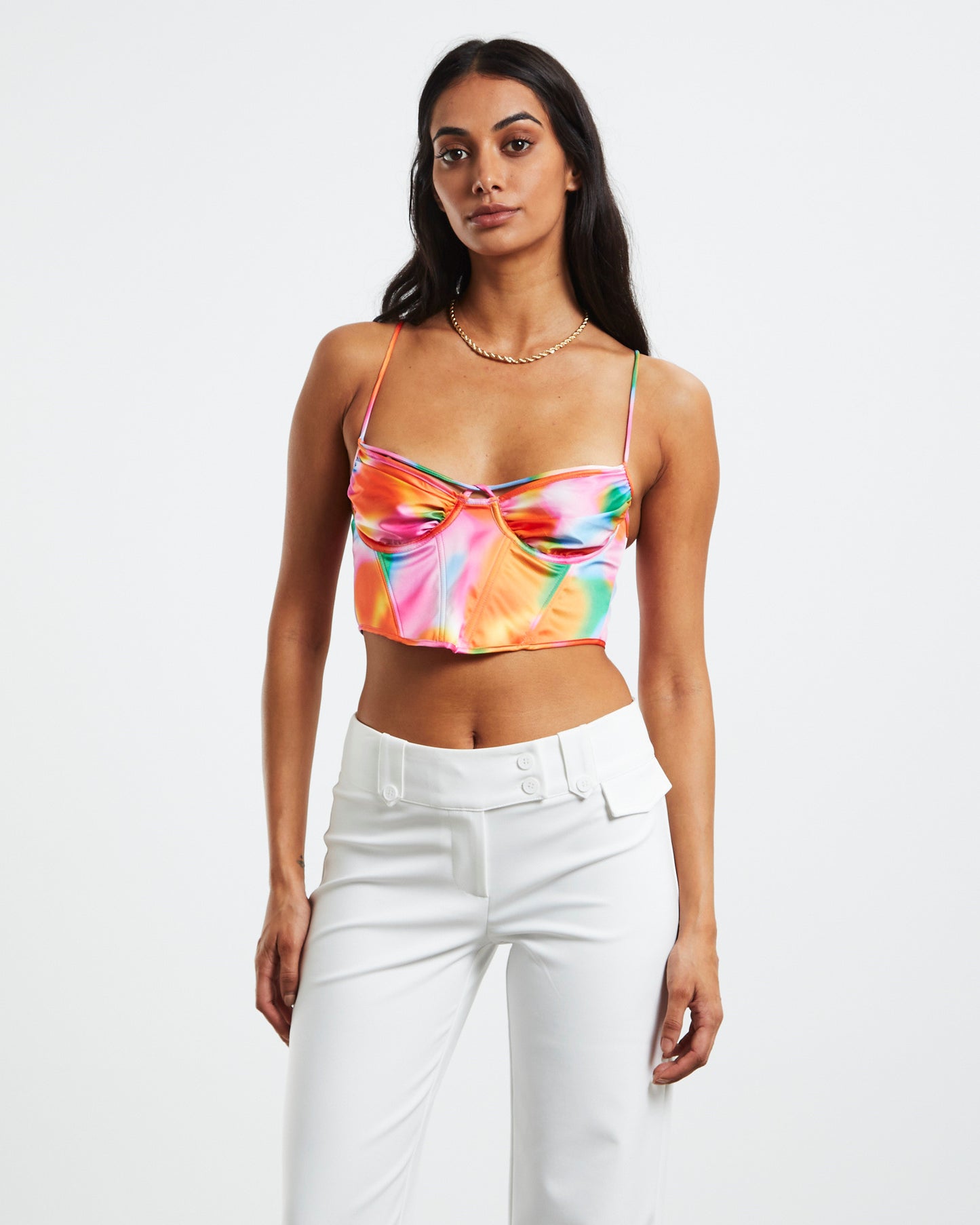 Larissa Strappy Cross Front Sateen Corset Multi Print