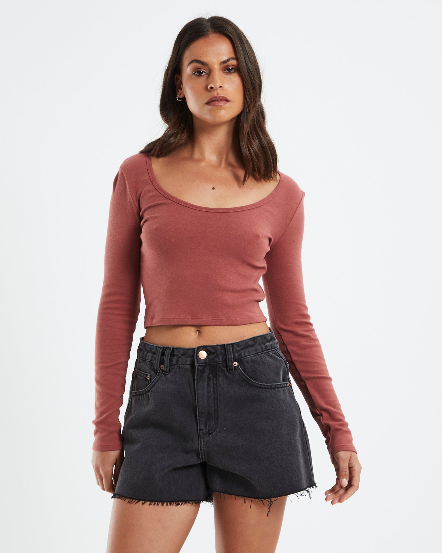 Scoop Neck Long Sleeve Crop Top Brick Red