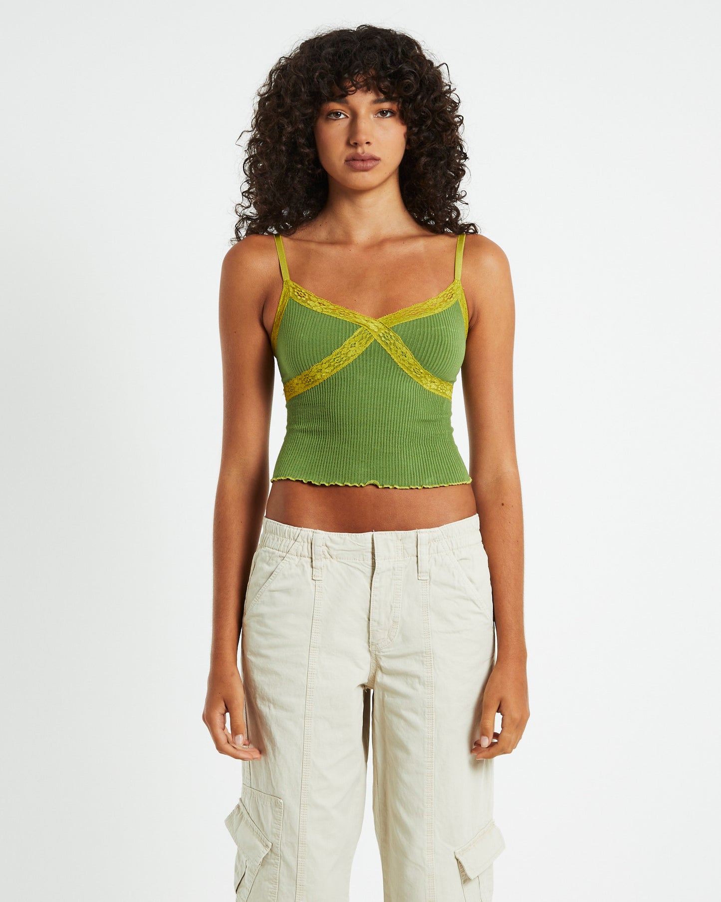 BDG Contrast Lace Cami Green