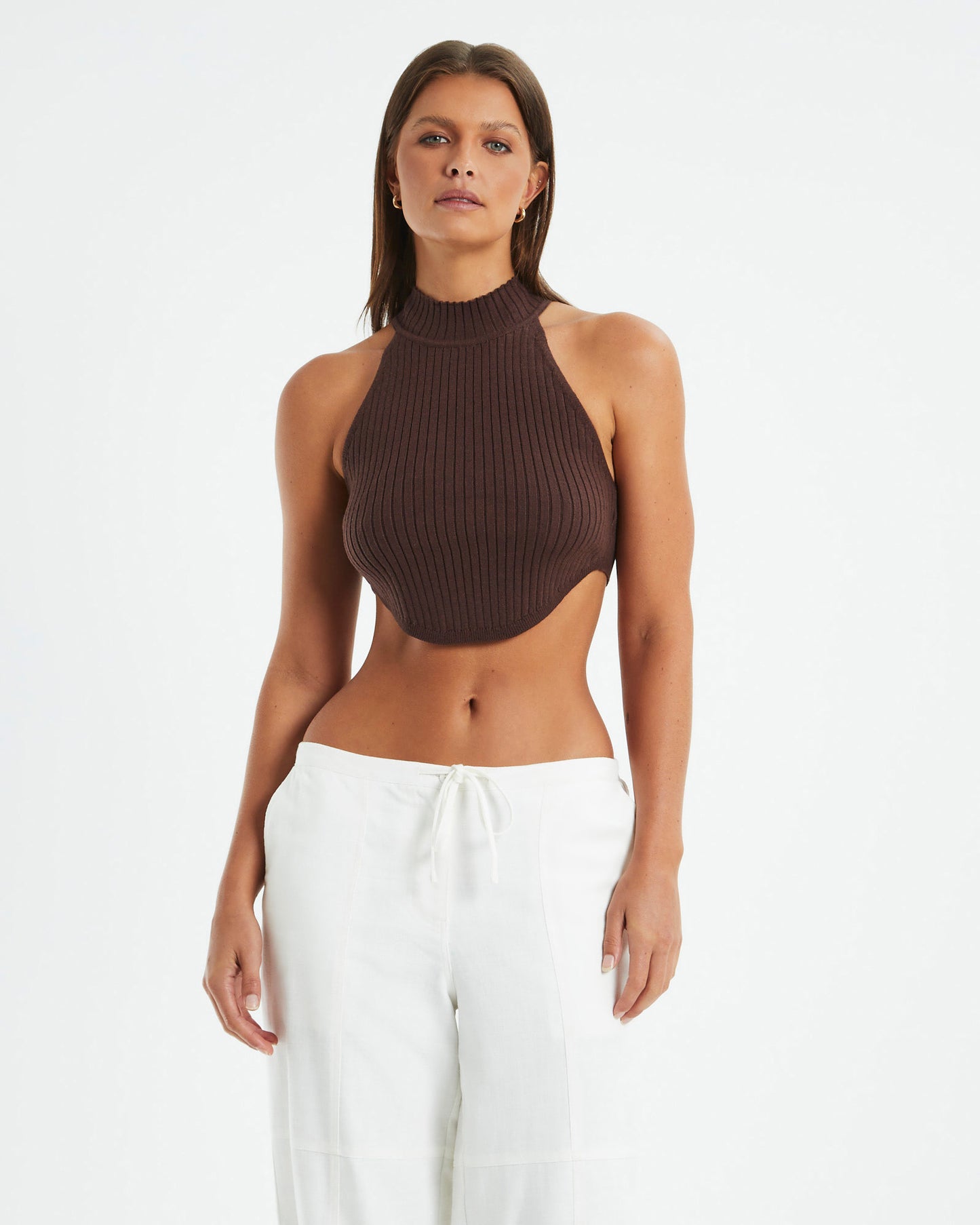 Athena High Neck Knit Top Mocha Brown