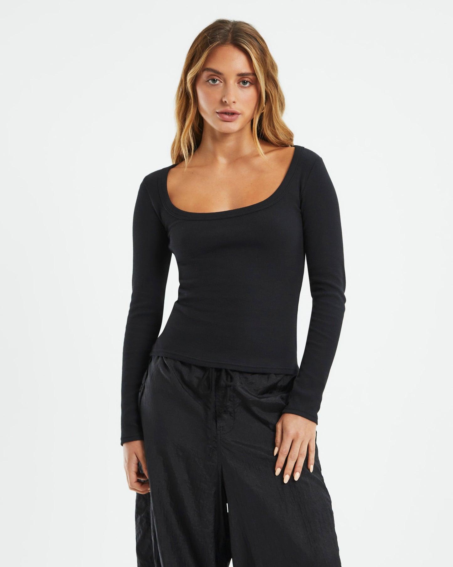 Open Neck Long Sleeve Top Black