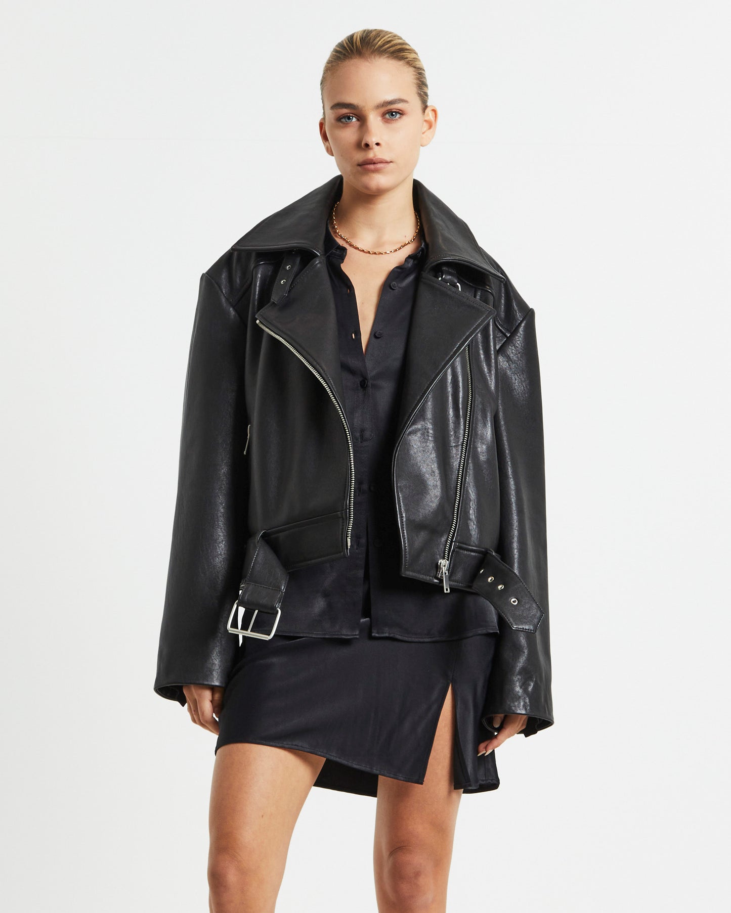 Zoe Longline Leather Biker Jacket Black