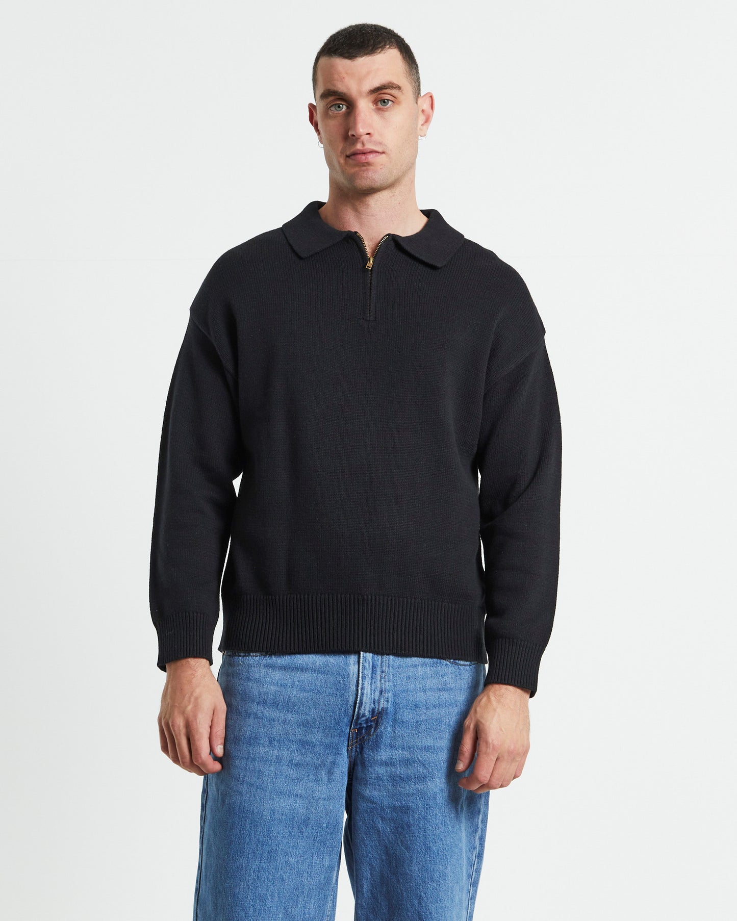 Relaxed Cable Knit Zip Through Black