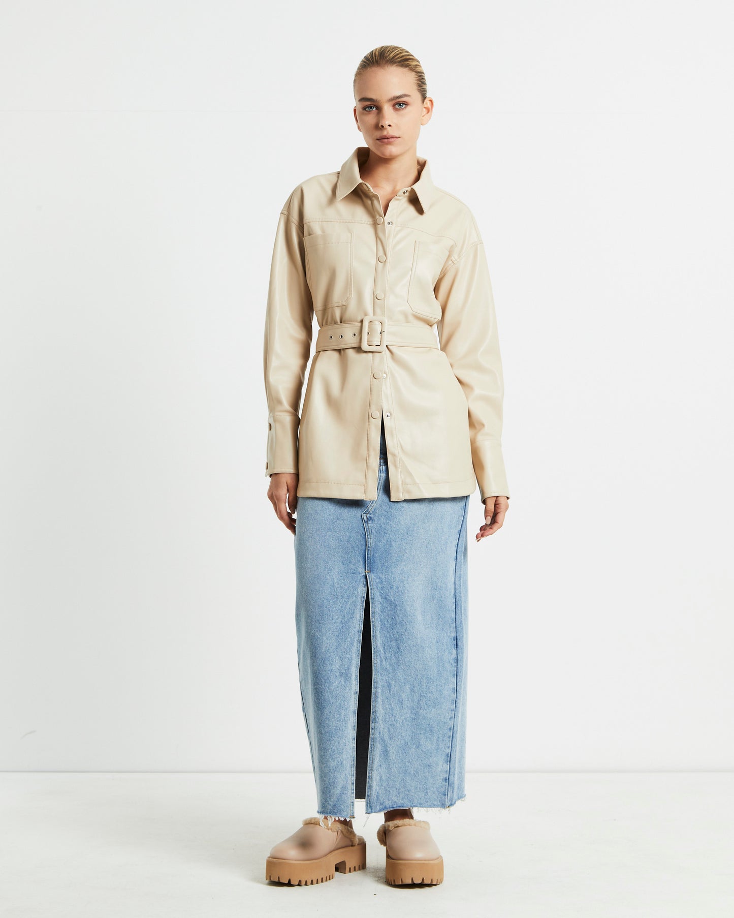 Millie PU Utility Long Sleeve Over Shirt Cream