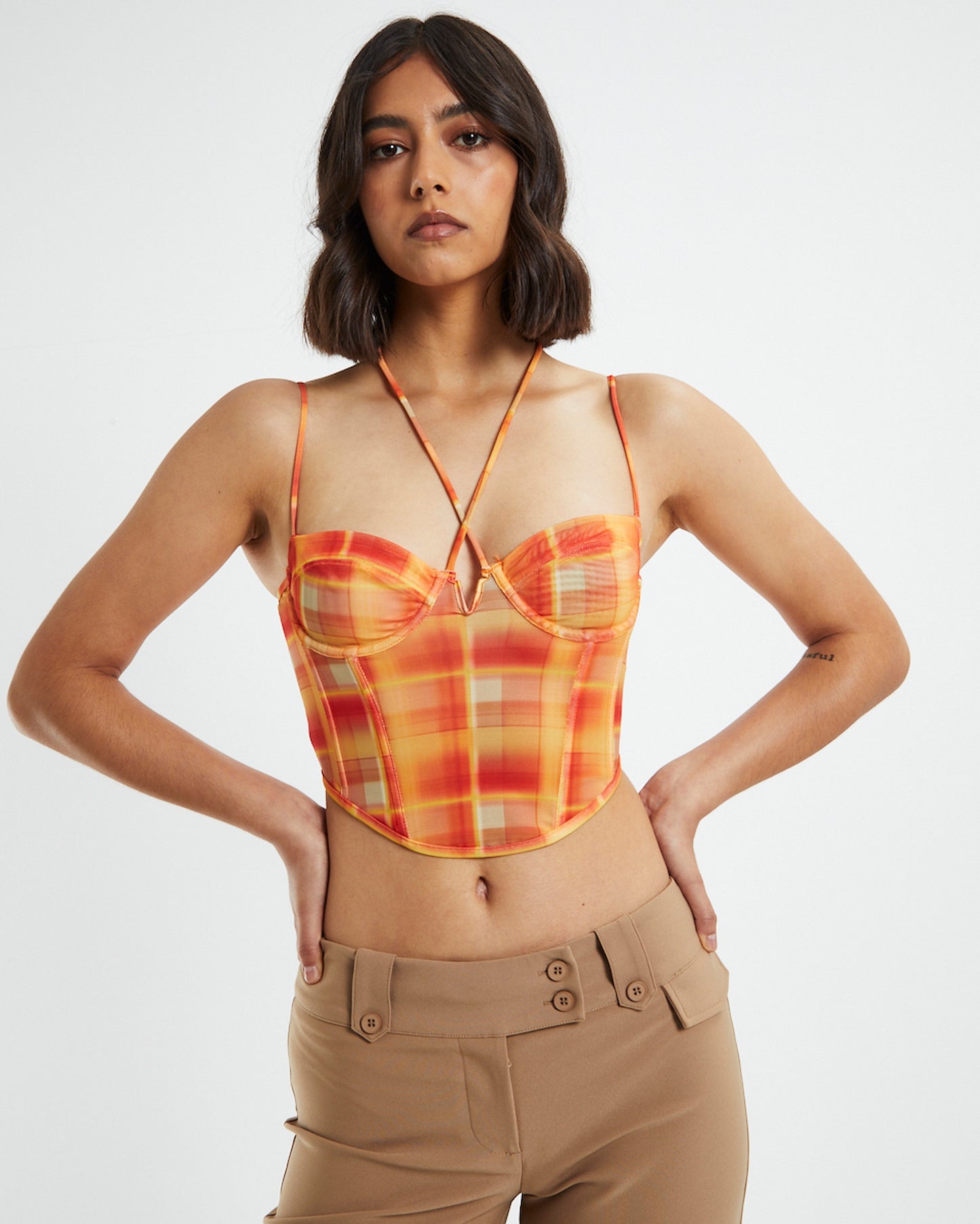 Viccy Strappy Cross Front Corset Check Orange