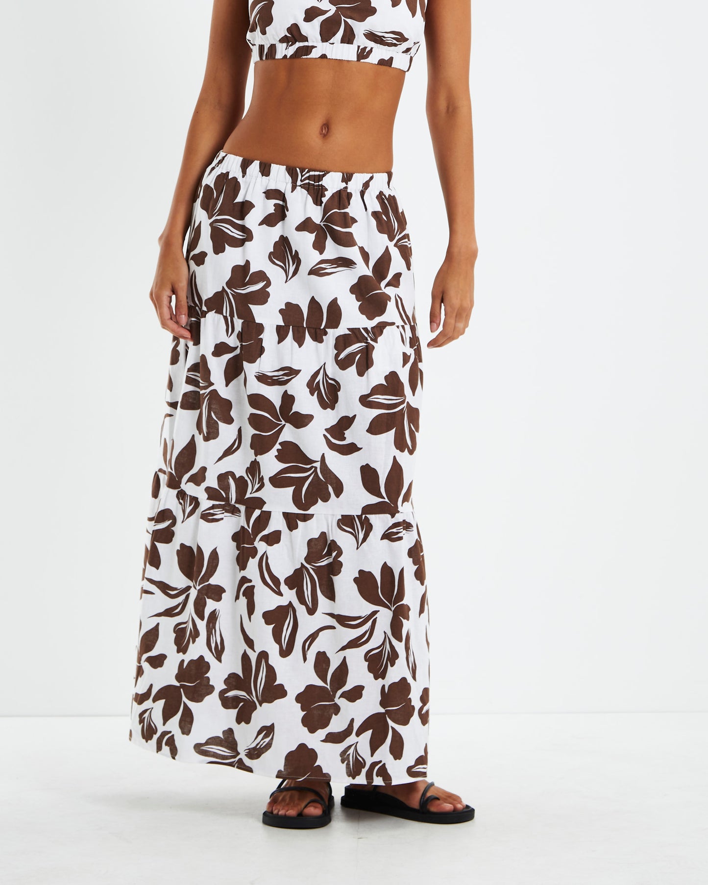 Niah Linen Tiered Midi Skirt Brown/White