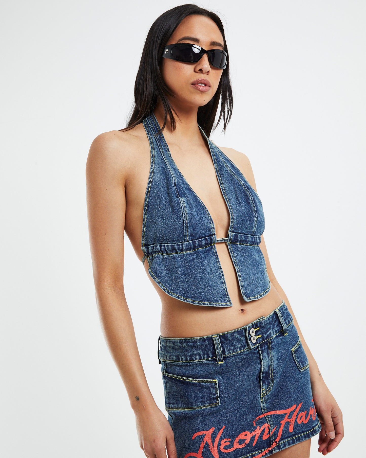 Trity Butterfly Hem Denim Halter Top