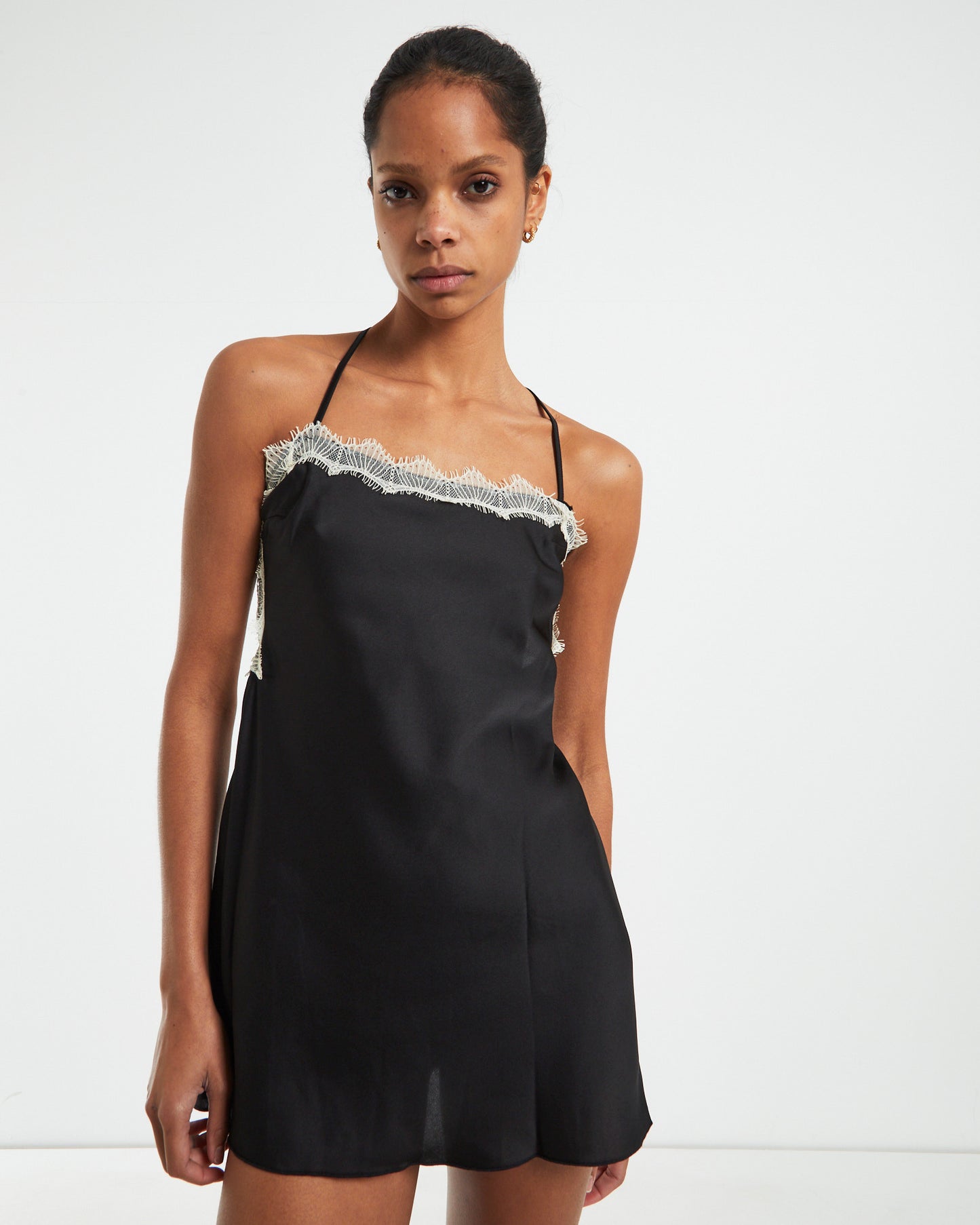 Serena Contrast Lace Cross Back Slip Dress Black/White