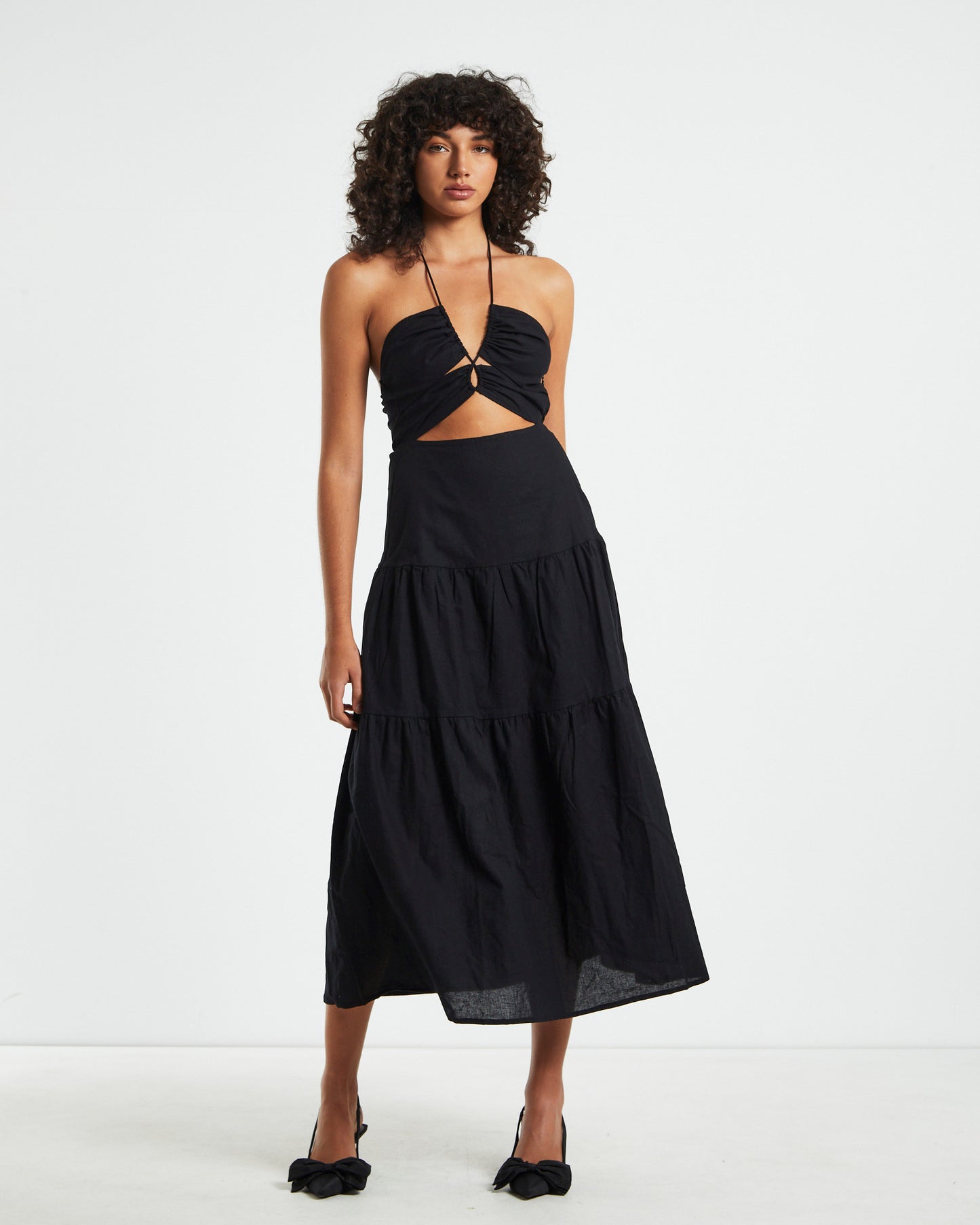 Niah Tiered Tie Up Midi Dress in Black