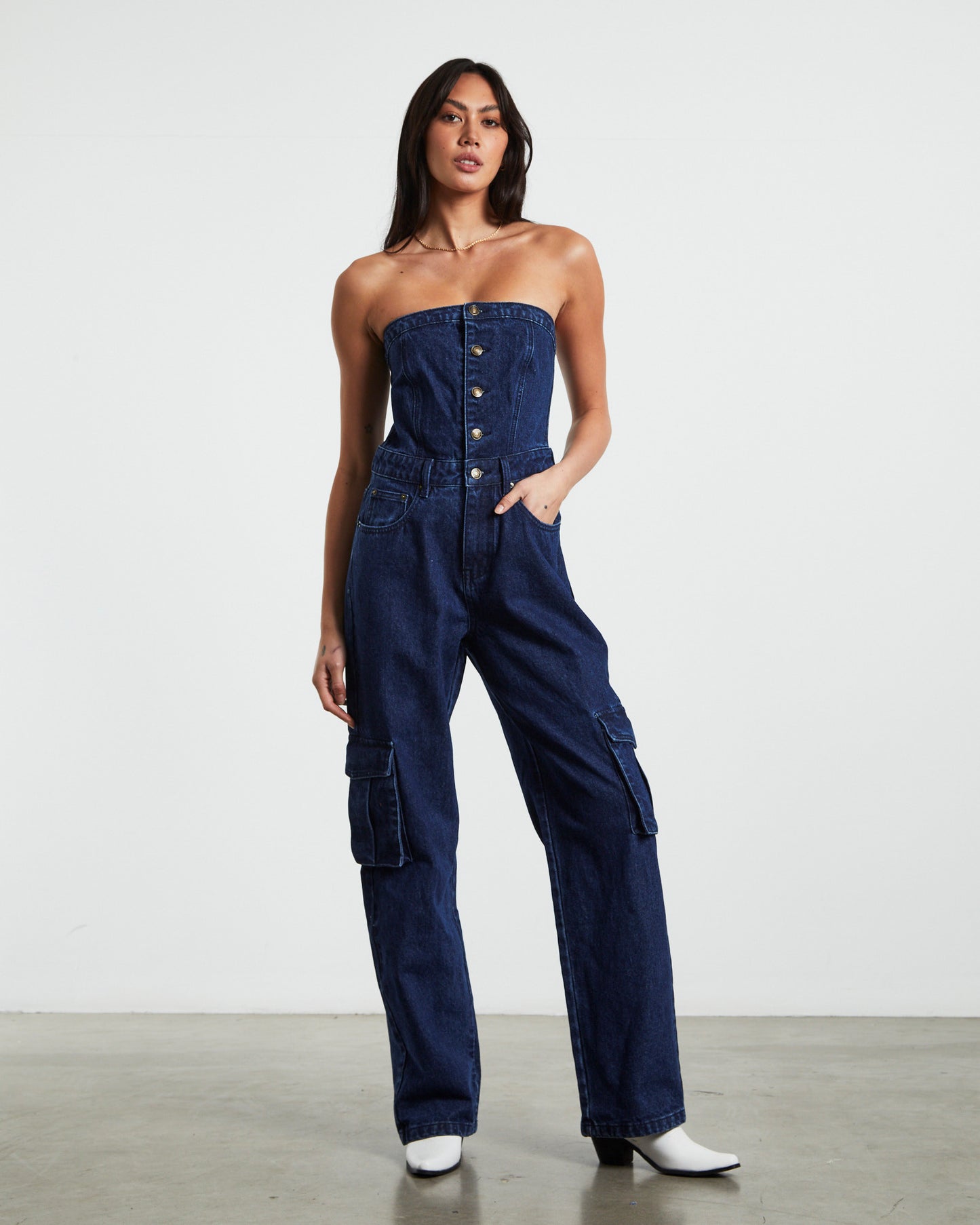 Sabrine Strapless Denim Boiler Suit Ink Blue