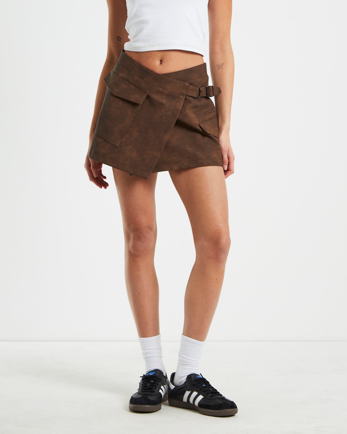 Clover Moto Trim Asymmetric Warp Skirt Brown
