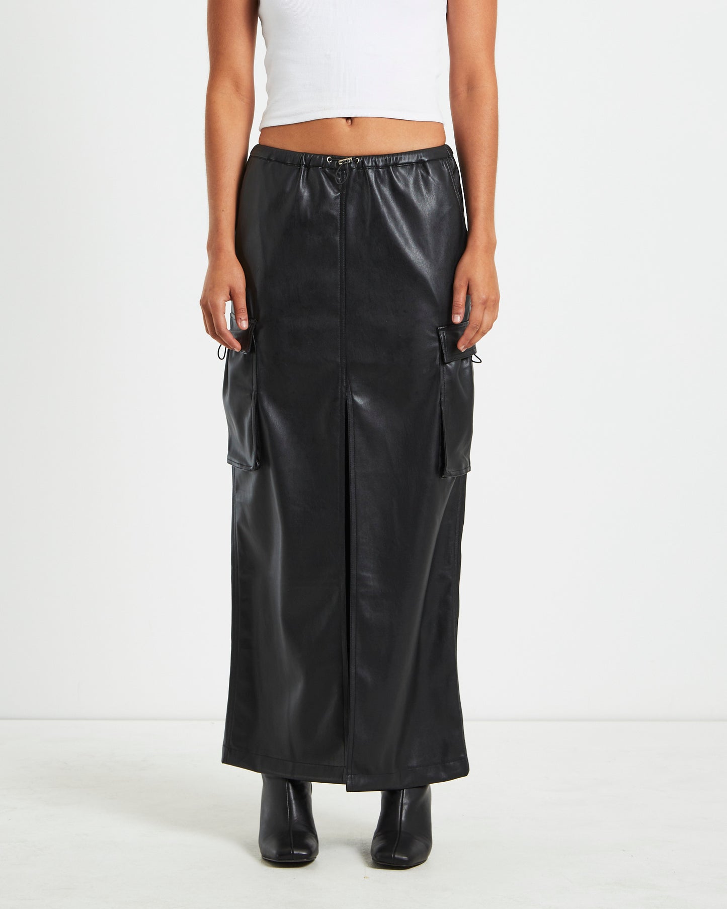 Phoebe Leather Look Cargo Skirt Black