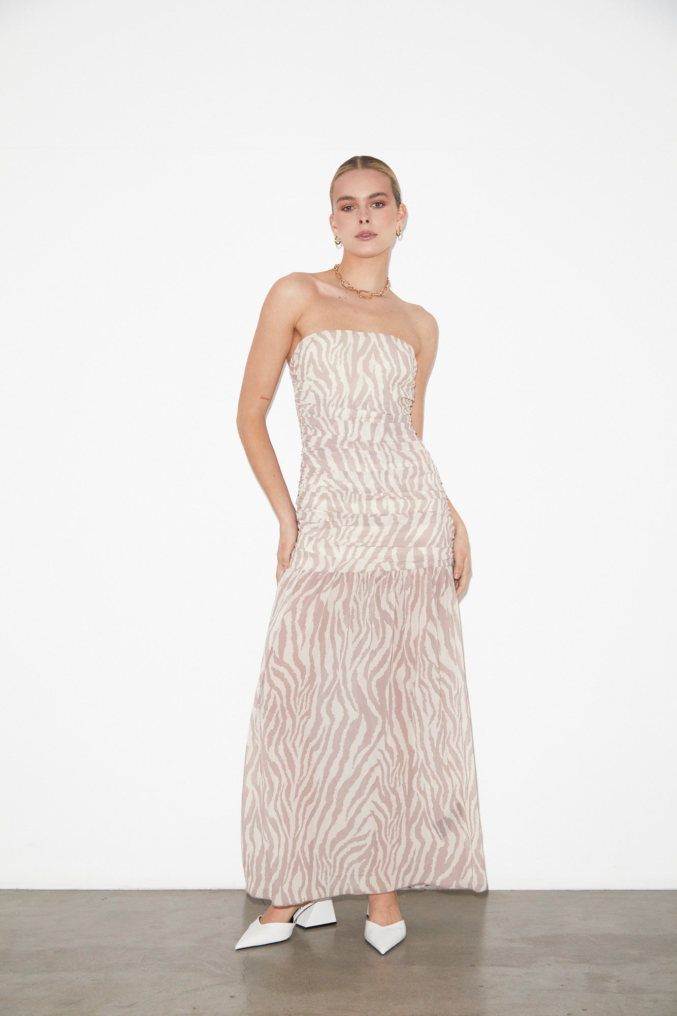 Cassie Ruched Low Strapless Dress in Beige