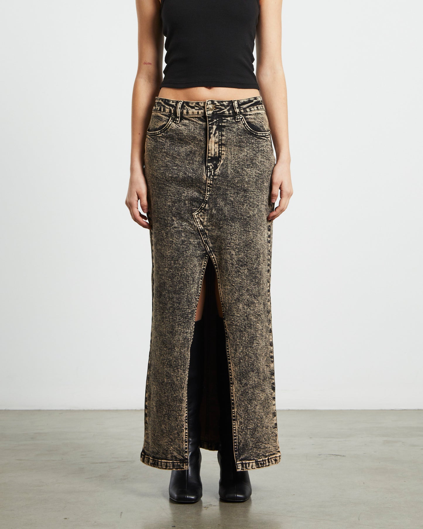 Ines Panel Black Midi Denim Skirt in Vintage Tint