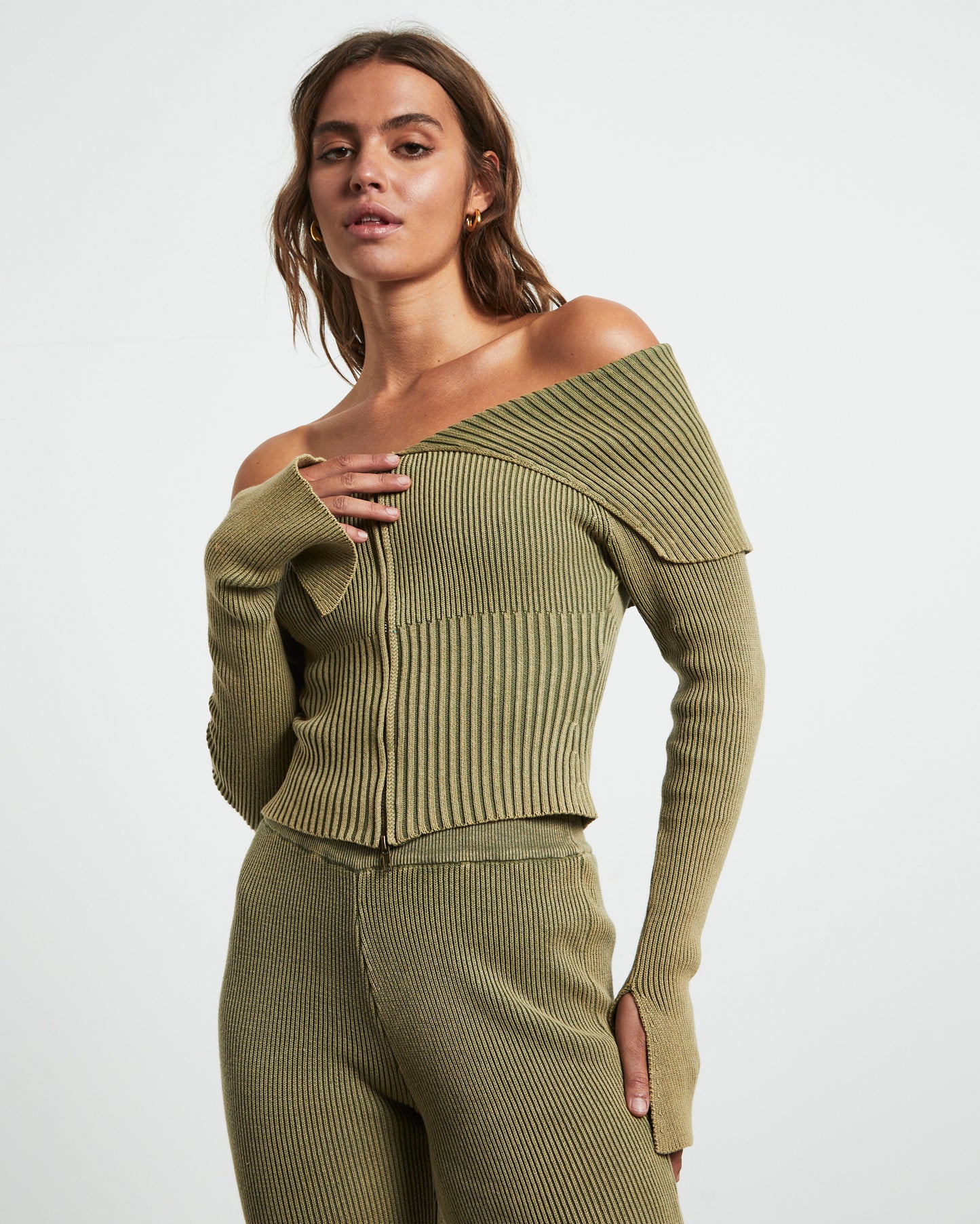 Angelique Zip Front Acid Rib Cardigan in Khaki Green