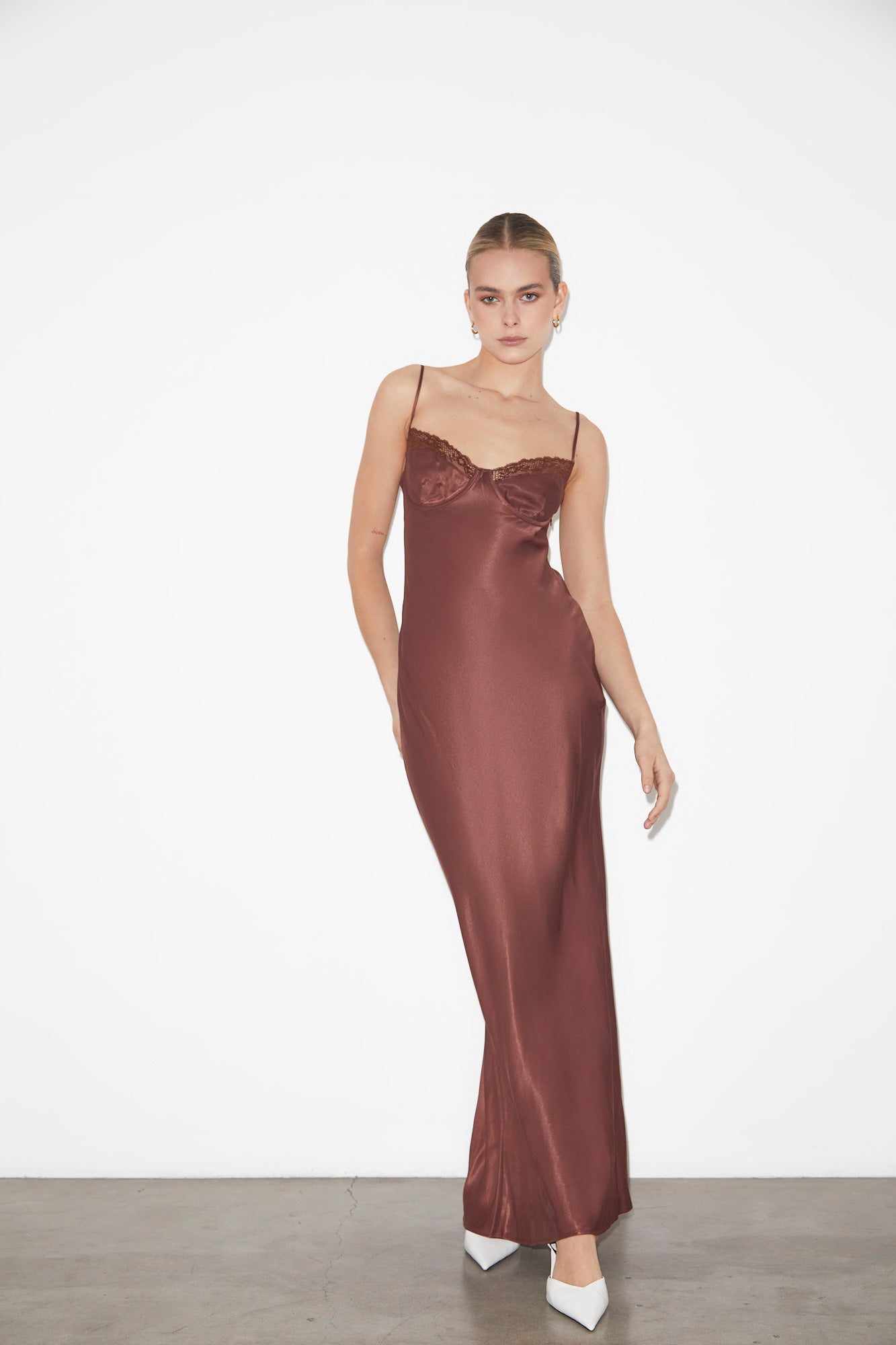 Heidi Lace Underwire Slip Maxi Dress in Chocolate Brown